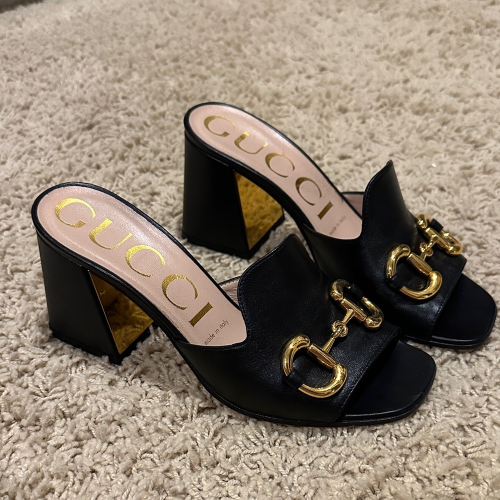 Gucci Black Mules with Gold Chain Detail